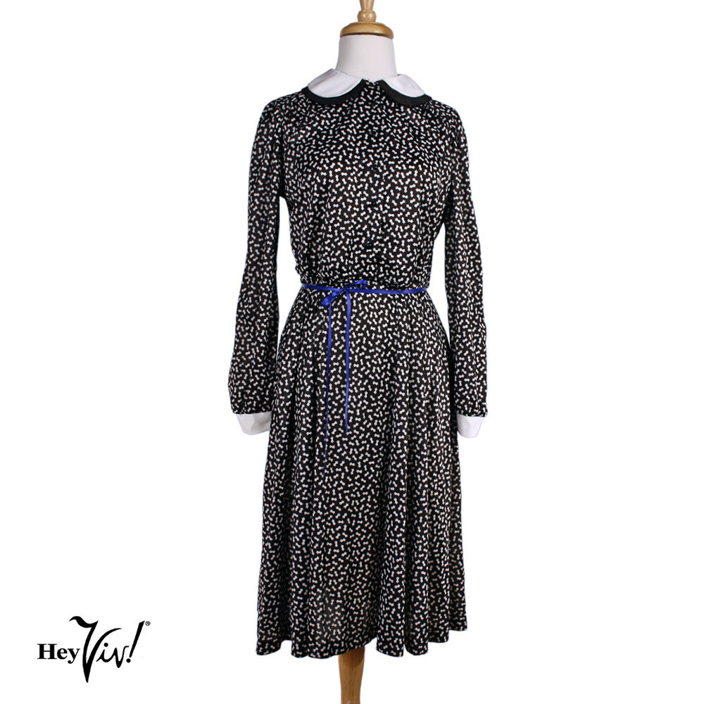 Vintage Black & White Schoolgirl Style Dress w White Collar & Cuffs- M - Hey Viv